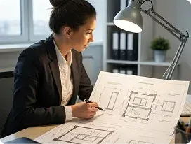 Profesional revisando planos técnicos de un sistema de puertas automáticas en un entorno de oficina.