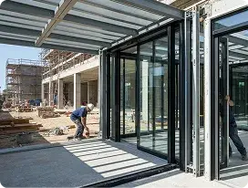 Técnico instalando un sistema de puertas automáticas correderas en una obra en construcción.